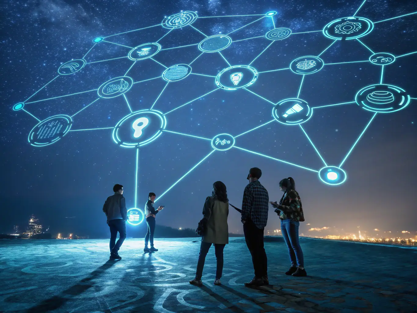 An image depicting a network of interconnected nodes, symbolizing Dodger Media's N2S YHS (Network to Source, Your Highness Service) campaigns. The image should evoke a sense of broad reach and strategic connections.